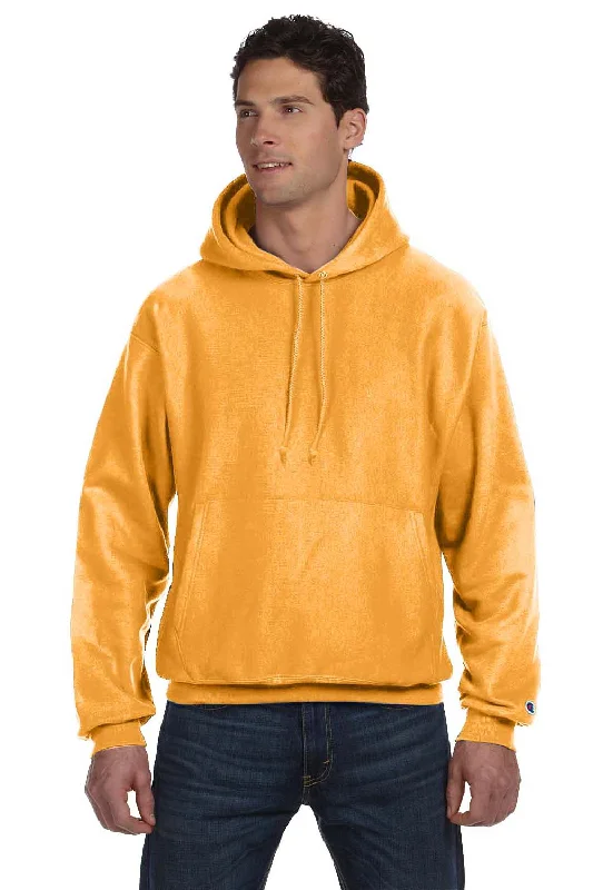 Men's durable sports t-shirt-Champion Mens Shrink Resistant Hooded Sweatshirt Hoodie w/ Pouch Pocket - Gold