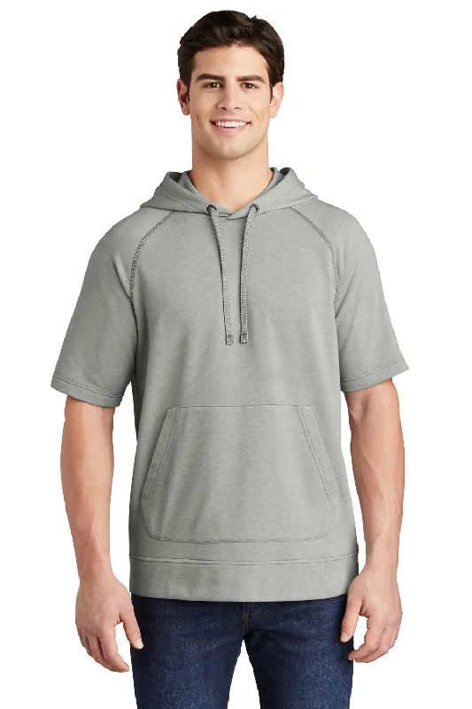 Men's eco-friendly gym t-shirt-Sport-Tek Mens Moisture Wicking Fleece Short Sleeve Hooded Sweatshirt Hoodie w/ Pouch Pocket - Heather Light Grey