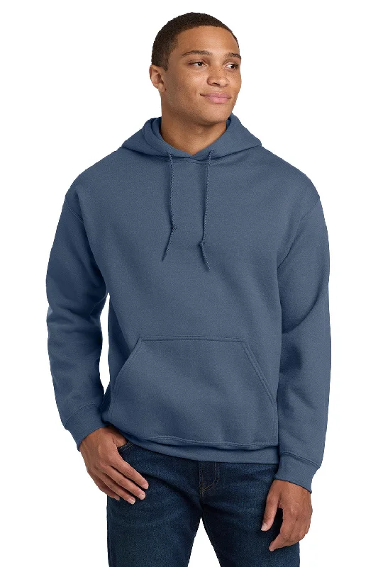 Men's gym performance t-shirt-Gildan Mens Pill Resistant Hooded Sweatshirt Hoodie w/ Pouch Pocket - Indigo Blue