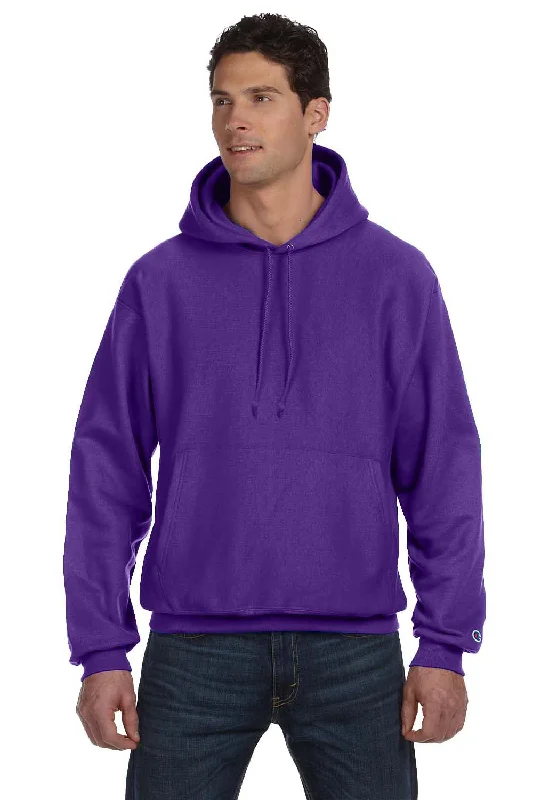 Men's versatile fitness t-shirt-Champion Mens Shrink Resistant Hooded Sweatshirt Hoodie w/ Pouch Pocket - Purple