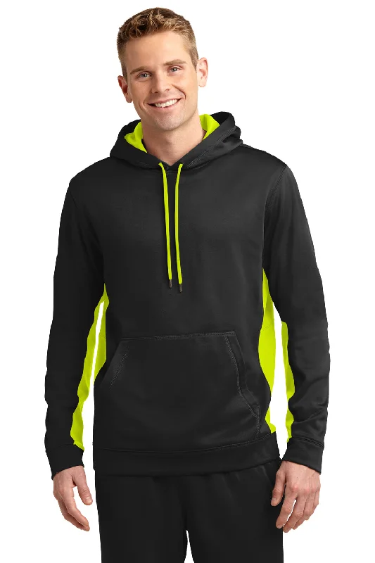 Men's casual athletic wear t-shirt-Sport-Tek Mens Sport-Wick Moisture Wicking Fleece Hooded Sweatshirt Hoodie w/ Pouch Pocket - Black/Safety Yellow - Closeout