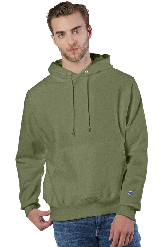 Men's comfortable exercise t-shirt-Champion Mens Shrink Resistant Hooded Sweatshirt Hoodie w/ Pouch Pocket - Fresh Olive Green