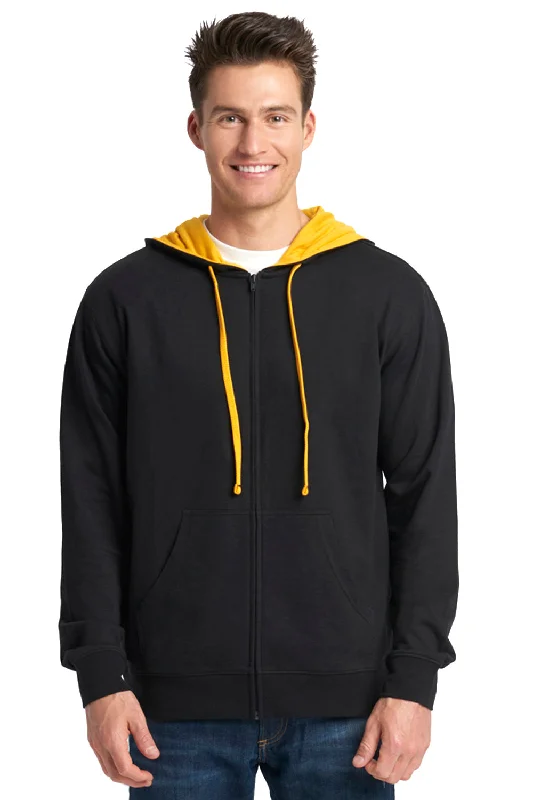 Men's tech fabric workout wear t-shirt-Next Level Mens French Terry Fleece Full Zip Hooded Sweatshirt Hoodie w/ Pockets - Black/Gold - Closeout