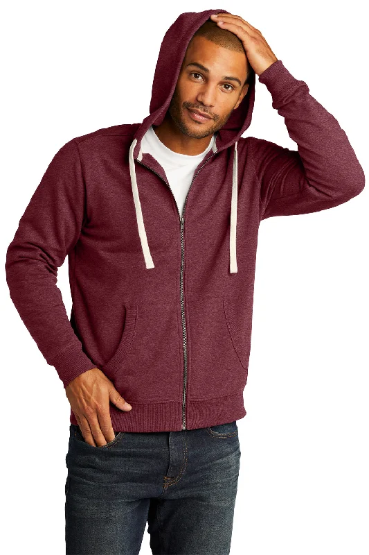 Men's lightweight athletic wear t-shirt-District Mens Re-Fleece Full Zip Hooded Sweatshirt Hoodie w/ Pockets - Heather Maroon