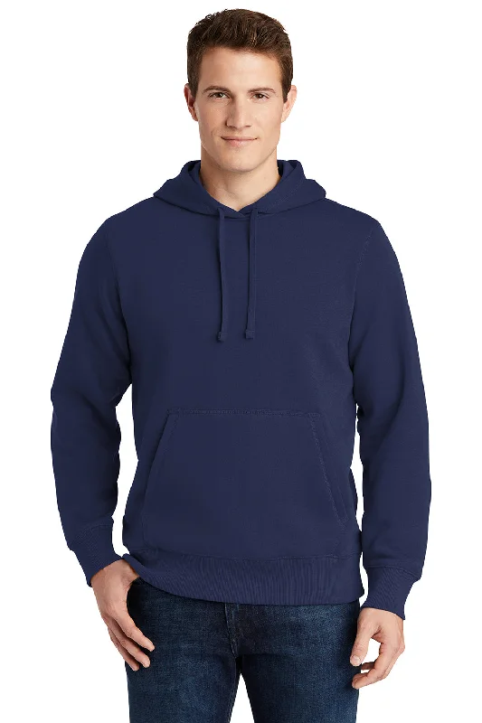 Men's workout-ready athletic t-shirt-Sport-Tek Mens Shrink Resistant Fleece Hooded Sweatshirt Hoodie w/ Pouch Pocket - True Navy Blue