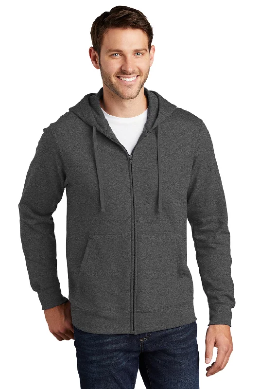 Men's gym performance t-shirt-Port & Company Mens Fan Favorite Fleece Full Zip Hooded Sweatshirt Hoodie w/ Pockets - Heather Dark Grey