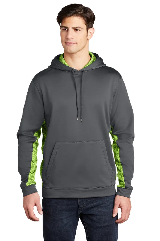 Men's breathable performance t-shirt-Sport-Tek Mens Sport-Wick CamoHex Moisture Wicking Fleece Hooded Sweatshirt Hoodie w/ Pouch Pocket - Dark Smoke Grey/Lime Shock Green