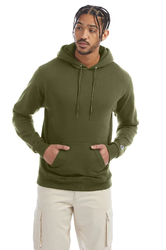 Men's casual athletic wear t-shirt-Champion Mens Double Dry Eco Moisture Wicking Fleece Hooded Sweatshirt Hoodie w/ Pouch Pocket - Fresh Olive Green