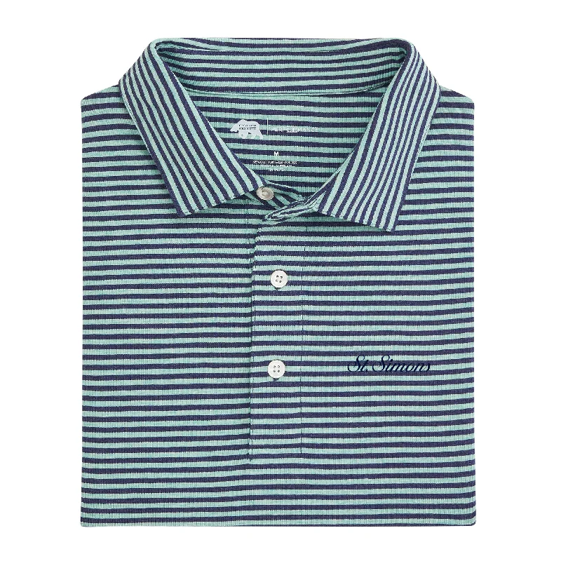 Men's skate shirt-Men's tech fabric workout wear t-shirt-St. Simons Town Script Row Stripe Icon Polo - Sea Foam