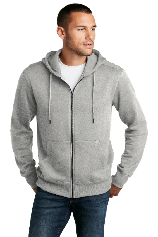 Men's quick-dry athletic t-shirt-District Mens Perfect Weight Fleece Full Zip Hooded Sweatshirt Hoodie w/ Pockets - Heather Steel Grey