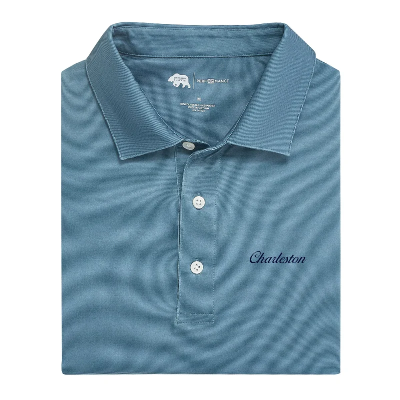 Men's striped shirt-Men's gym performance t-shirt-Charleston Town Script Hairline Stripe Performance Polo - Country Blue