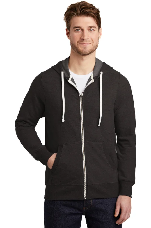 Men's high-performance workout t-shirt-District Mens Perfect French Terry Full Zip Hooded Sweatshirt Hoodie w/ Pockets - Black