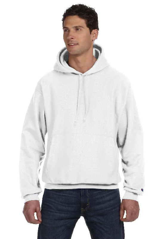 Men's ultra-breathable gym t-shirt-Champion Mens Shrink Resistant Hooded Sweatshirt Hoodie w/ Pouch Pocket - White