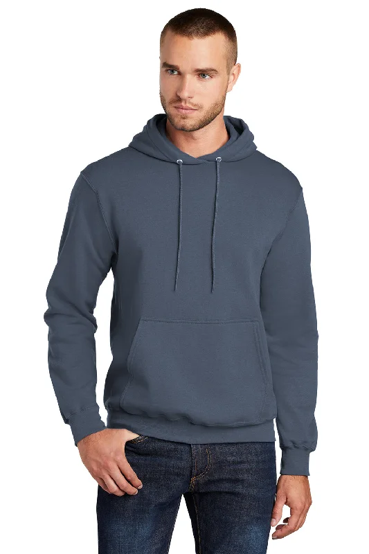 Men's premium workout t-shirt-Port & Company Mens Core Pill Resistant Fleece Hooded Sweatshirt Hoodie w/ Pouch Pocket - Steel Blue