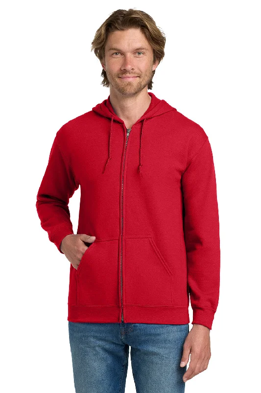 Men's comfortable exercise t-shirt-Gildan Mens Pill Resistant Full Zip Hooded Sweatshirt Hoodie w/ Pockets - Red