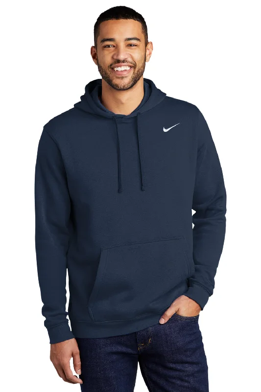 Men's gym performance t-shirt-Nike Mens Club Fleece Hooded Sweatshirt Hoodie w/ Pouch Pocket - Navy Blue