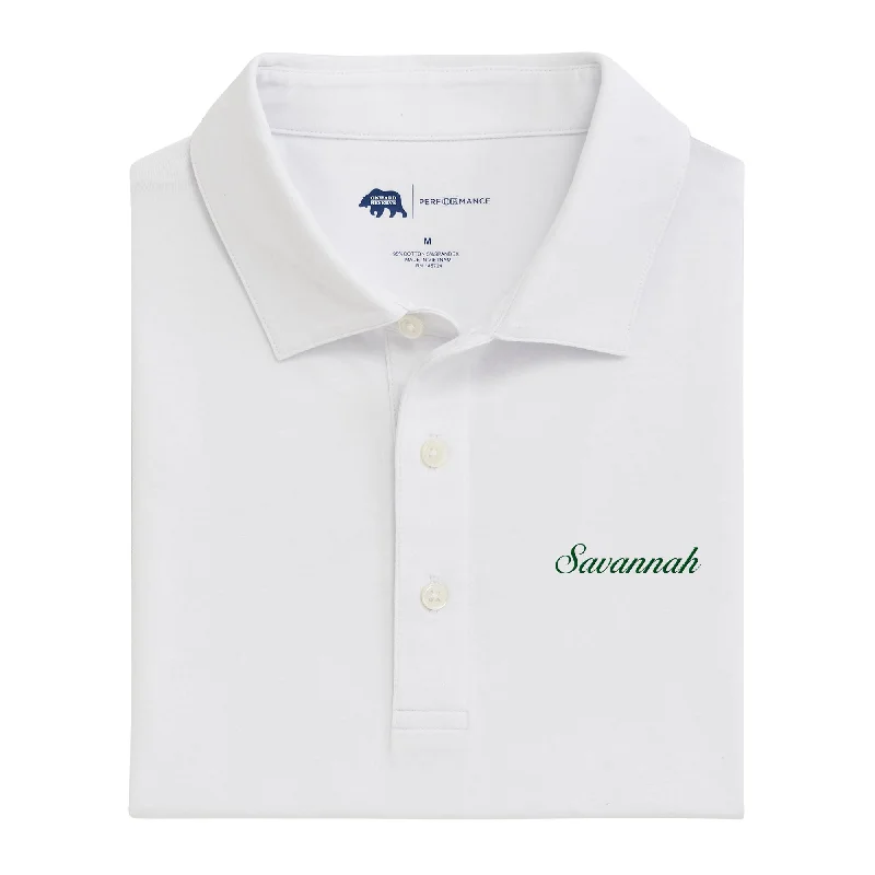 Men's activewear shirt-Men's workout-ready athletic t-shirt-Savannah Town Script Icon Polo - White