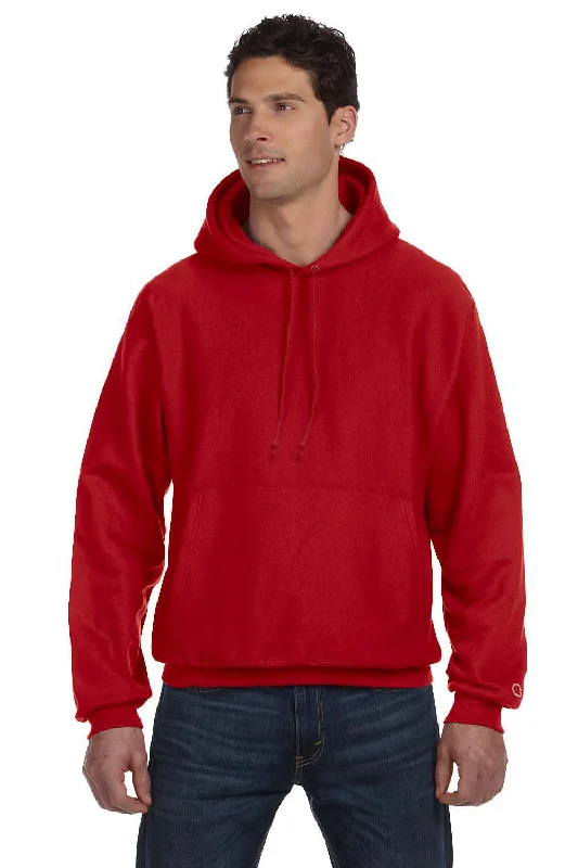 Men's lightweight athletic wear t-shirt-Champion Mens Shrink Resistant Hooded Sweatshirt Hoodie w/ Pouch Pocket - Scarlet Red