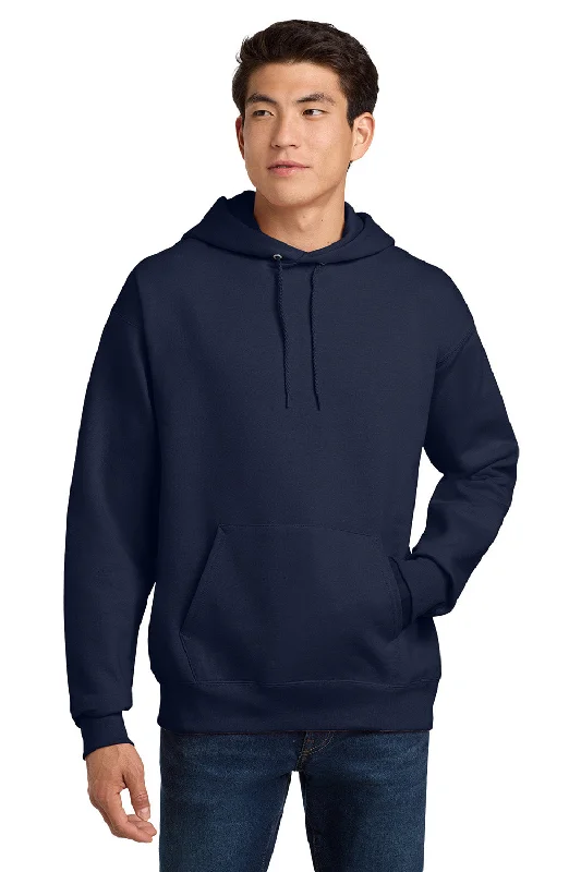 Men's active lifestyle t-shirt-Hanes Mens Ultimate Cotton PrintPro XP Pill Resistant Hooded Sweatshirt Hoodie w/ Pouch Pocket - Navy Blue