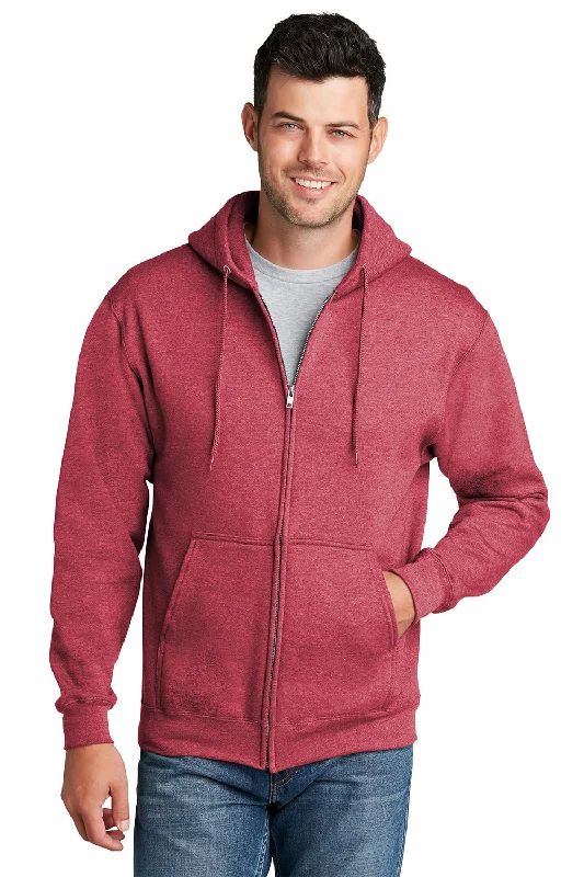 Men's organic athletic t-shirt-Port & Company Mens Core Pill Resistant Fleece Full Zip Hooded Sweatshirt Hoodie w/ Pockets - Heather Red