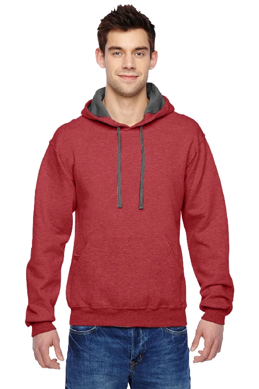 Men's comfortable exercise t-shirt-Fruit Of The Loom Mens Softspun Hooded Sweatshirt Hoodie w/ Pouch Pocket - Heather Brick Red - Closeout