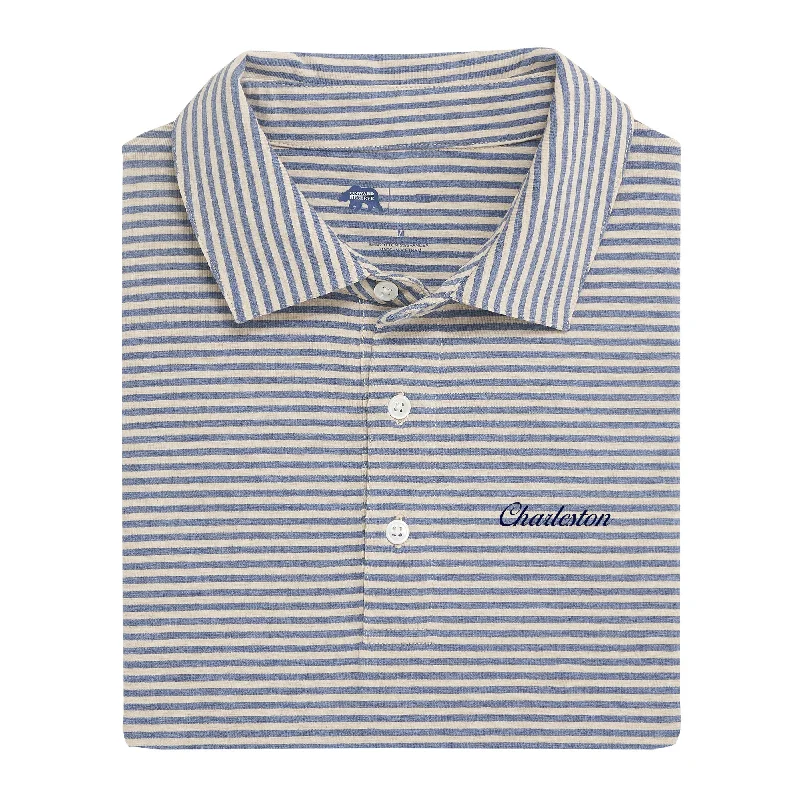 Men's casual shirt-Men's breathable performance t-shirt-Charleston Town Script Row Stripe Icon Polo - Blue Indigo