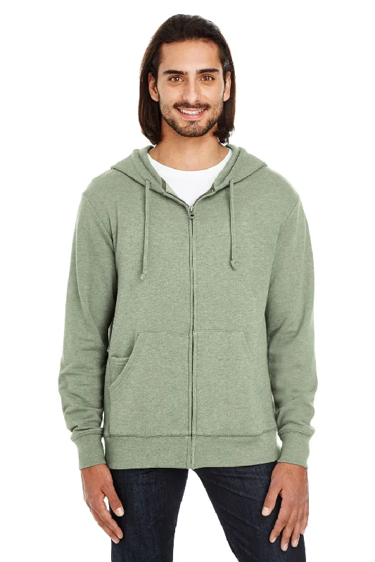 Men's sporty exercise t-shirt-Threadfast Apparel Mens French Terry Full Zip Hooded Sweatshirt Hoodie w/ Pockets - Heather Army Green - Closeout