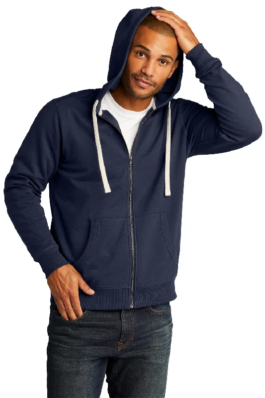 Men's high-performance workout t-shirt-District Mens Re-Fleece Full Zip Hooded Sweatshirt Hoodie w/ Pockets - True Navy Blue