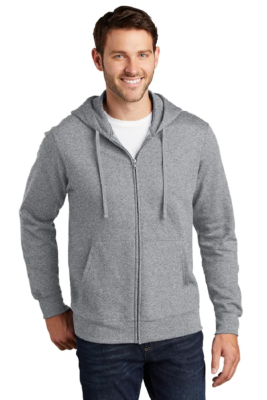 Men's high-performance workout t-shirt-Port & Company Mens Fan Favorite Fleece Full Zip Hooded Sweatshirt Hoodie w/ Pockets - Heather Grey