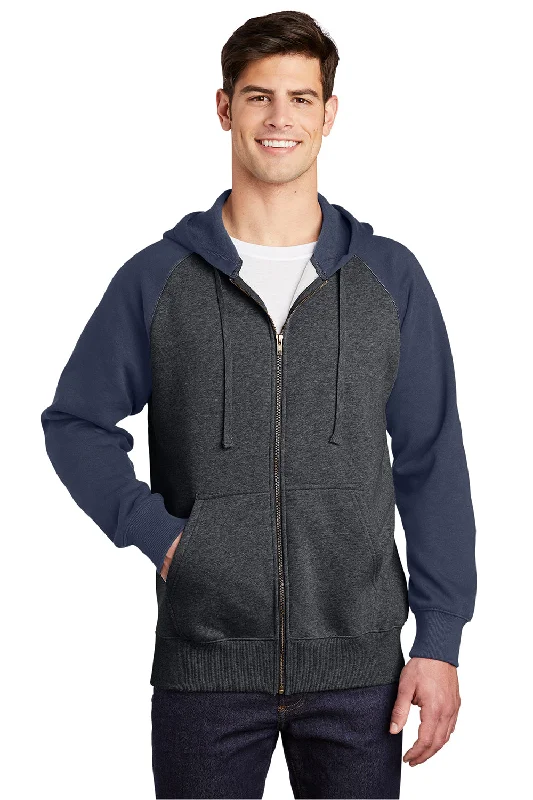 Men's weatherproof athletic wear t-shirt-Sport-Tek Mens Shrink Resistant Fleece Full Zip Hooded Sweatshirt Hoodie w/ Pockets - Heather Graphite Grey/True Navy Blue