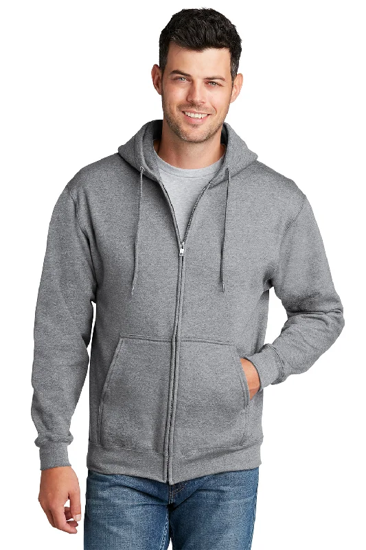 Men's performance sports t-shirt-Port & Company Mens Core Pill Resistant Fleece Full Zip Hooded Sweatshirt Hoodie w/ Pockets - Heather Grey