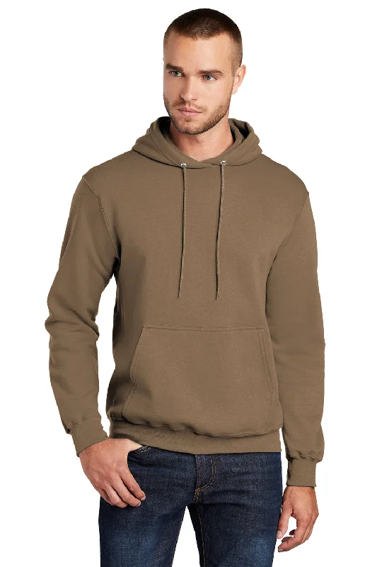 Men's relaxed fit performance t-shirt-Port & Company Mens Core Pill Resistant Fleece Hooded Sweatshirt Hoodie w/ Pouch Pocket - Woodland Brown