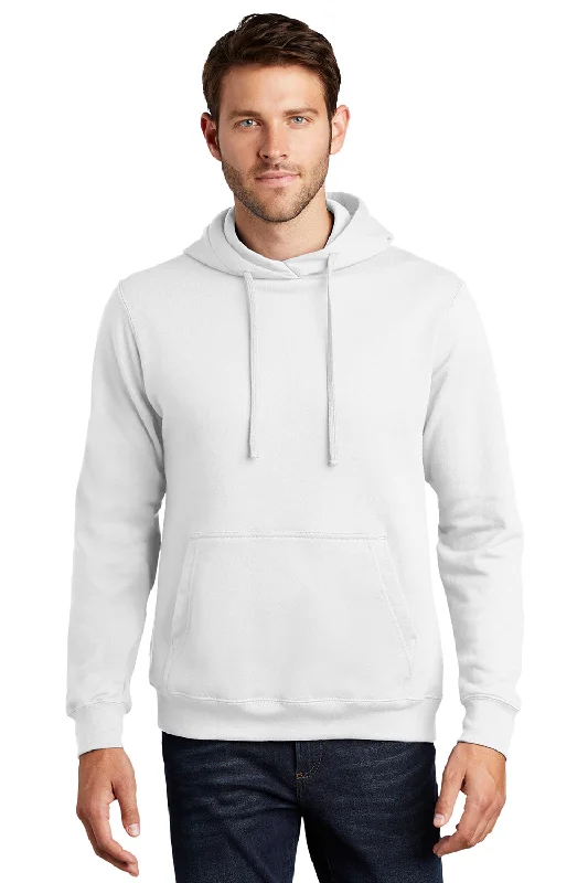 Men's lightweight athletic wear t-shirt-Port & Company Mens Fan Favorite Fleece Hooded Sweatshirt Hoodie w/ Pouch Pocket - White