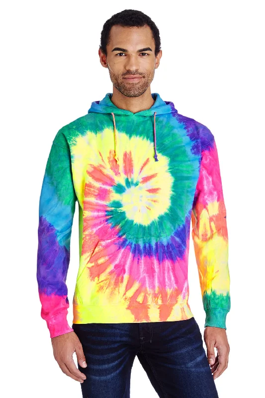 Men's relaxed fit performance t-shirt-Tie-Dye Mens Hooded Sweatshirt Hoodie w/ Pouch Pocket - Neon Rainbow