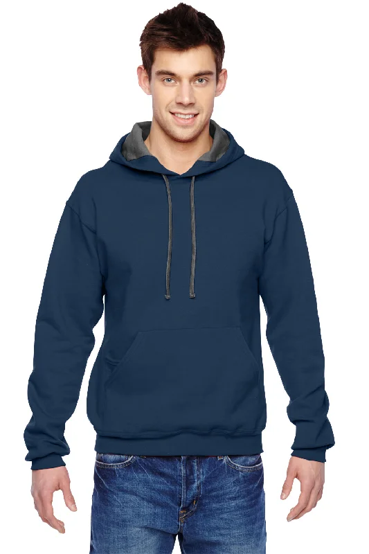 Men's casual athletic wear t-shirt-Fruit Of The Loom Mens Softspun Hooded Sweatshirt Hoodie w/ Pouch Pocket - Navy Blue - Closeout