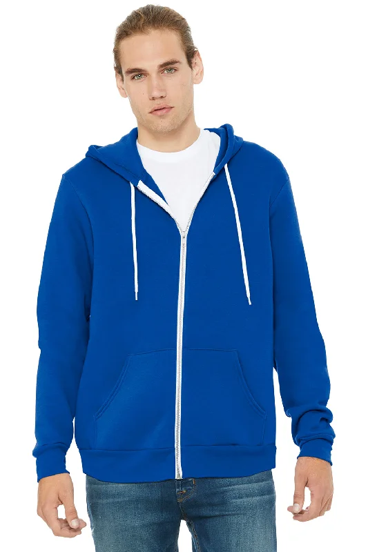 Men's relaxed fit performance t-shirt-Bella + Canvas Mens Fleece Full Zip Hooded Sweatshirt Hoodie w/ Pockets - True Royal Blue