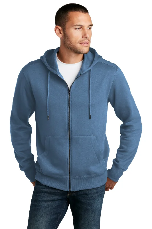 Men's premium workout t-shirt-District Mens Perfect Weight Fleece Full Zip Hooded Sweatshirt Hoodie w/ Pockets - Maritime Blue