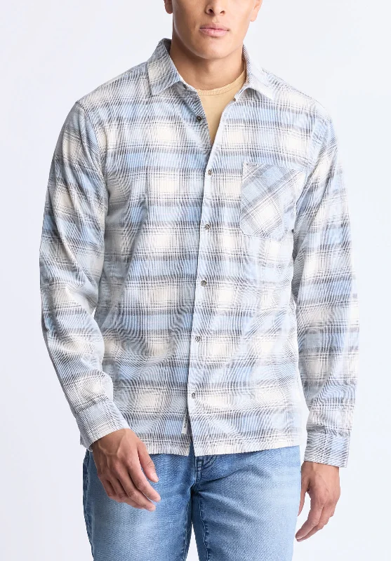 Men's chambray shirt-Men's modern fitness t-shirt-Satro Men's Plaid Button-Up Shirt, Blue - BM24498