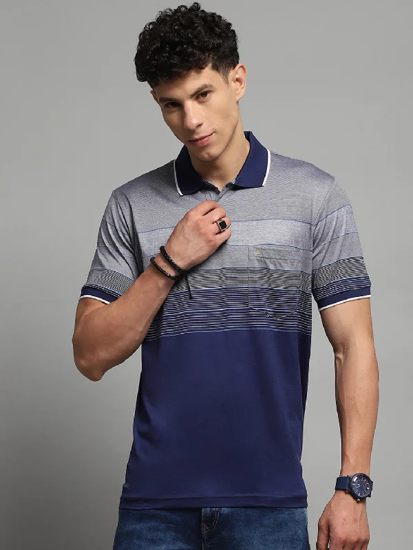 Men's eco-friendly gym t-shirt-Men Navy Blue Stripe Collar Half Sleeve T-Shirt