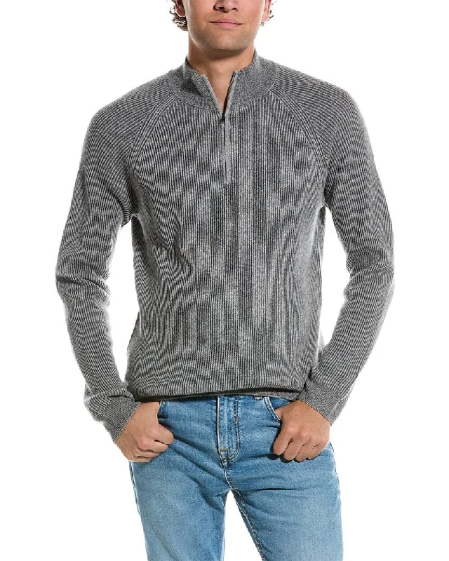 Men's workout sweatshirt-Men's quick-dry athletic t-shirt-Amicale Cashmere Two-Tone Plaited Rib Cashmere 1/4-Zip Sweater