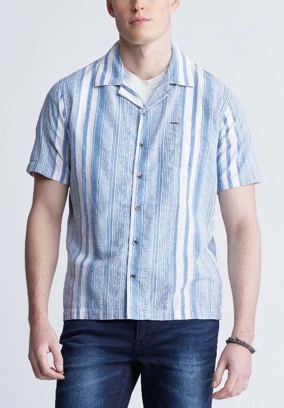 Men's retro shirt-Men's fashion-forward activewear t-shirt-Sinap Men's Short Sleeve Striped Shirt, Blue and White - BM24367