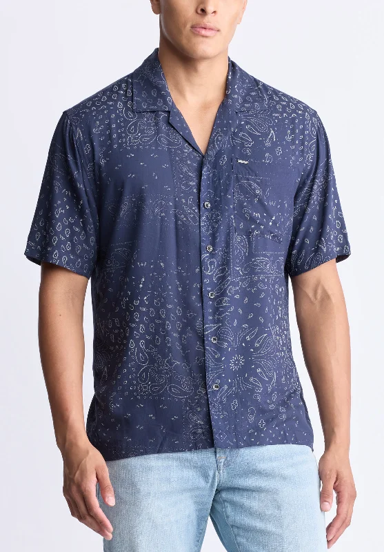 Men's surf shirt-Men's sporty exercise t-shirt-Santi Men's Paisley Print Short-Sleeve Button-Up Shirt, Midnight blue - BM24521