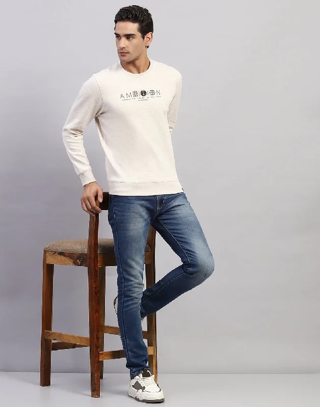 Men's summer fitness t-shirt-Men Beige Printed Round Neck Full Sleeve Winter T-Shirt