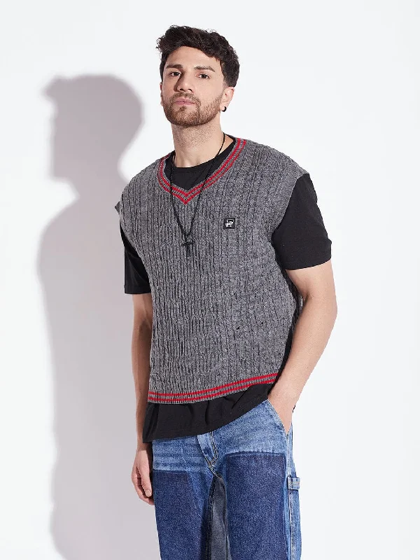 Men's warm sweater-Men's fashion-forward activewear t-shirt-Charcoal Knitted Sleeveless Sweater