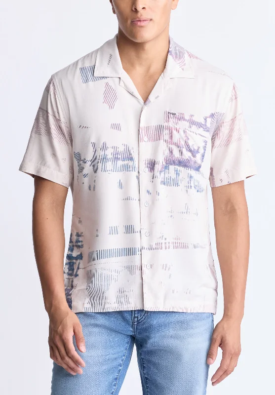 Men's athletic casual shirt-Men's summer fitness t-shirt-Sabob Men's Abstract Print Short-Sleeve Button-Up Shirt, Moonbeam beige - BM24523