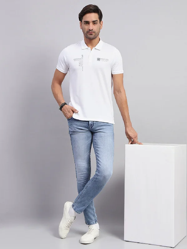 Men's fashion-forward activewear t-shirt-Men White Printed Collar Half Sleeve T-Shirt