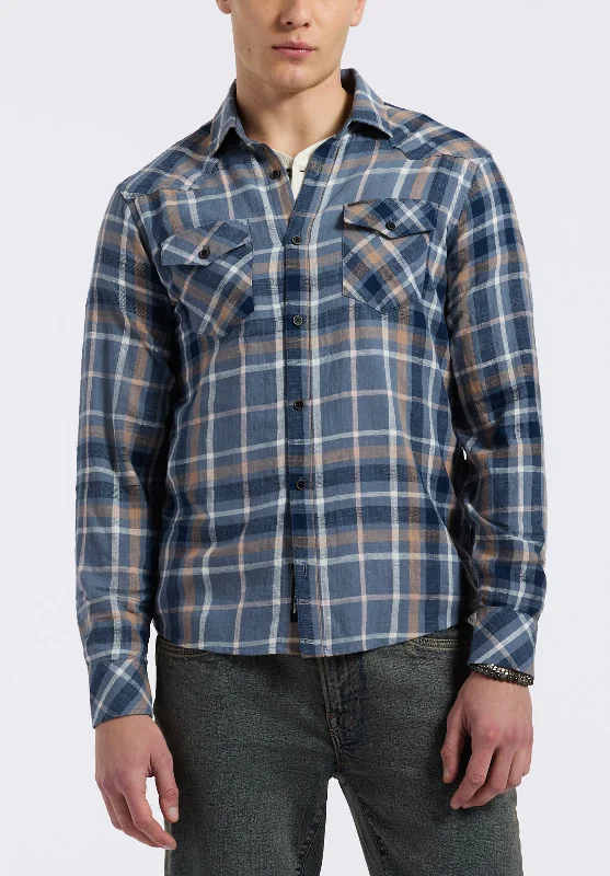 Men's graphic shirt-Men's workout-ready athletic t-shirt-Sierra Men's Long-Sleeve Plaid Button-Down Fitted Shirt, Moonlight Blue - BM24551