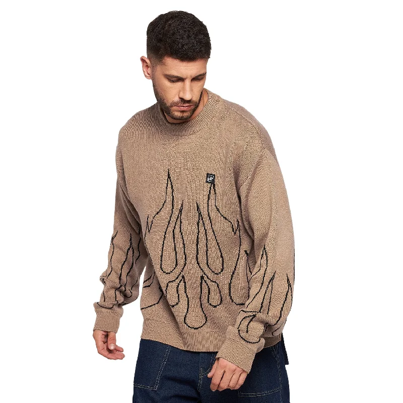 Men's classic knit-Men's relaxed fit performance t-shirt-Beige Flames Oversized Sweater