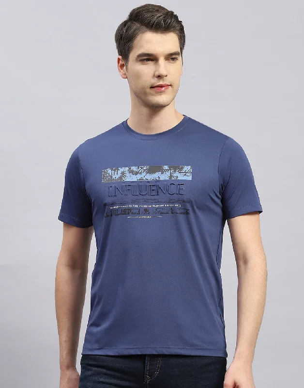 Men's active lifestyle t-shirt-Men Blue Printed Round Neck Half Sleeve T-Shirt