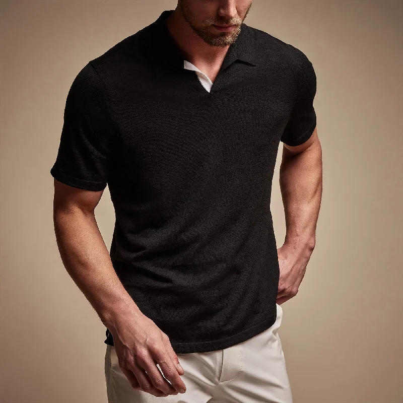 Men's organic casual polo shirt-Men's performance sports t-shirt-Linen Blend Contrast Polo - Black/White